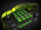 3D rendering: electric vehicle with open carbody with view at the battery pack Car is powered by electricity.