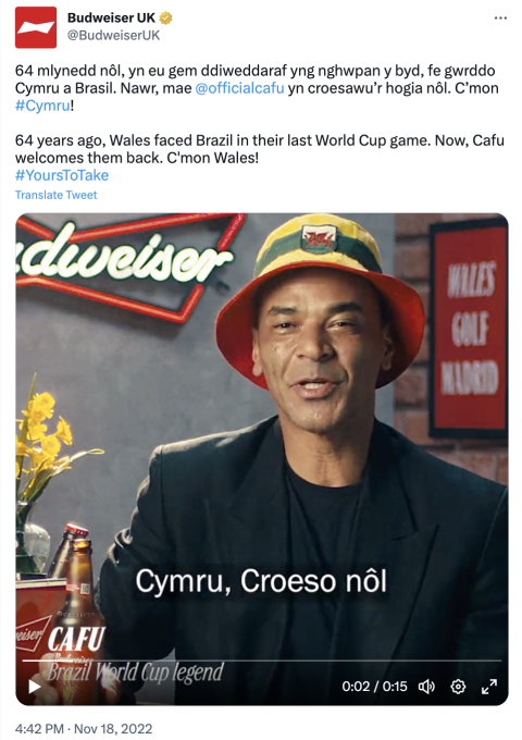 Budweiser advert with a man wearing a Welsh bucket hat 