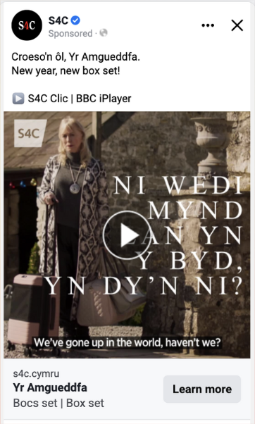 Screenshot of a tweet by S4C with Welsh and English text