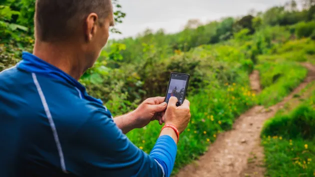 Llanynynech Hillside, Offa's Dyke Path, Powys. - person using a mobile phone whilst walking 