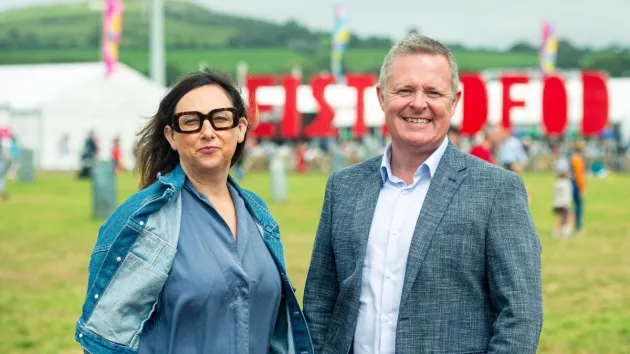 Betsan Moses, Chief Executive of the National Eisteddfod and Minister for Education and Welsh Language Jeremy Miles