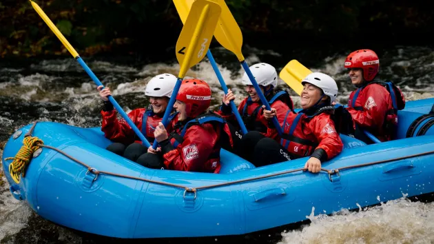 Whitewater rafting at the National Whitewater Centre, Bala, North Wales.