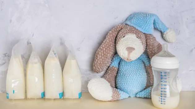 Baby feeding bottles, milk and a teddy bear.