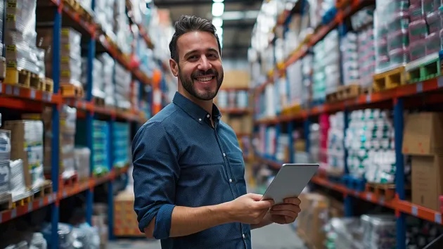 Person holding a clipboard in a warehouse 