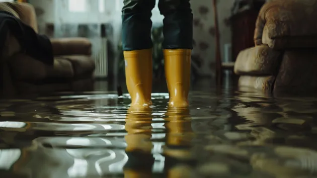 person wearing wellington boots and stood in a flooded sitting room