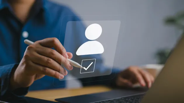 verification - laptop and digital symbol person