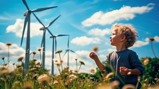 Wind turbines and child sitting down in a field of flowers