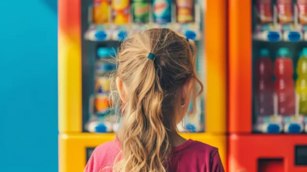 Child looking at a supermarket fridge holding drinks 