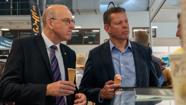First Minister Rhun ap Iorwerth and Llyr Gruffydd MS  Cabinet Minister for Rural Resilience and Sustainability of Wales.