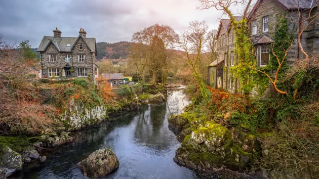 houses in autumn landscape of Betws y Coed