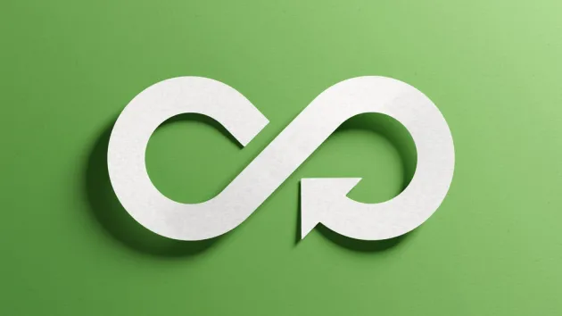 Ecology, nature preservation, sustainable development, green business concept. Infinity icon symbol paper.