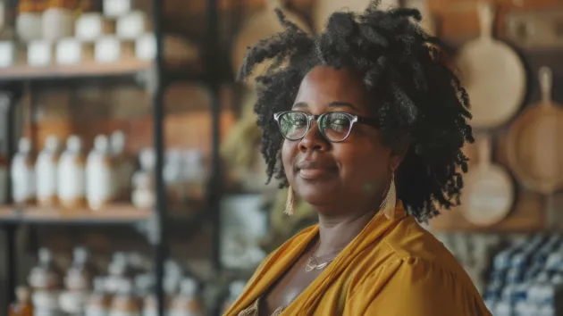 female small business owner, wearing a yellow sweater 