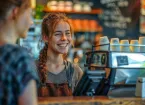 Cafe worker looking at a customer 