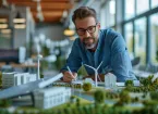 Designer, engineer looking at a scaled model of green space, wind turbines 