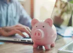 pink piggy bank and person using a laptop 