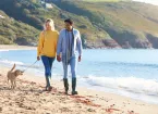 Couple and dog walking on a beach 