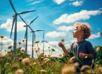 Wind turbines and child sitting down in a field of flowers