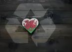 heart shape map of Wales and a recycling symbol 