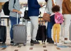 Airport queue, travel and people legs for international vacation, holiday or immigration with suitcase 