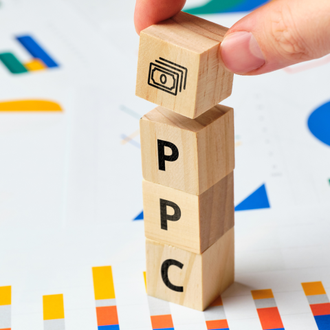 Building blocks with letters on spelling PPC on top of sheets of data