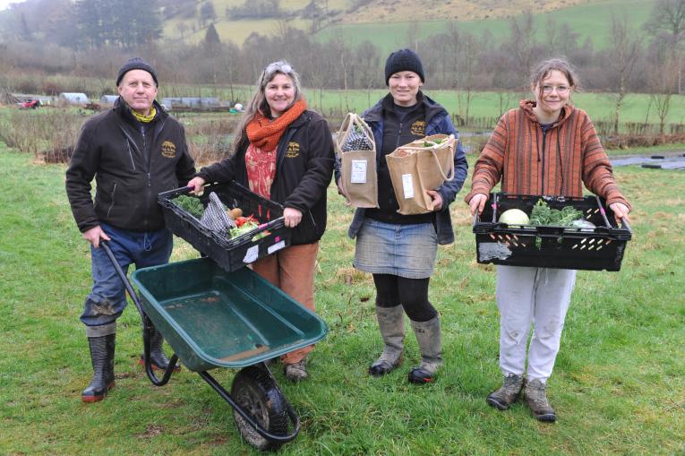 image showing 4 growers holding veg boxes with a wheelbarrow
