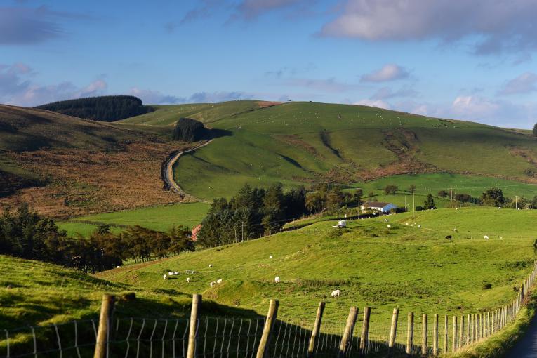 Farmland view in Bwlch y Sarnau overlooking The Garn