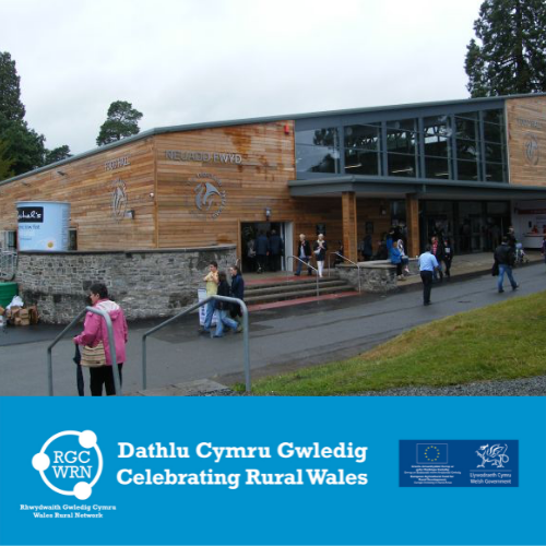 front of royal welsh showground foodhall with celebrating rural logo underneath