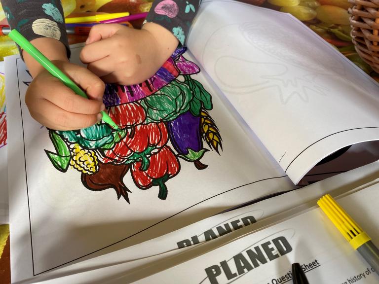 image of child's hand drawing a colourful picture of fruit and vegetables