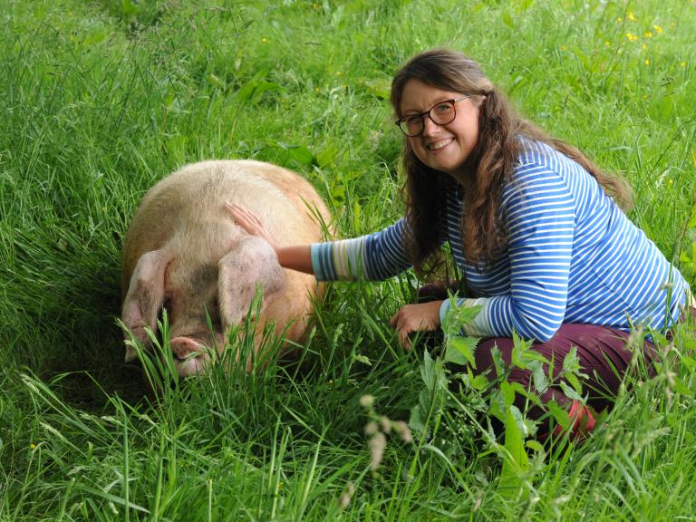 Suzy Williams with Nesta the sow 