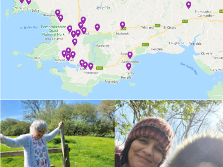 collage of three pictures showing a map of all the areas using the service and beneficiaries of the project enjoying the outdoors